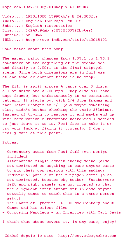 Nfo de la release Napoleon.1927.1080p.BluRay.x264-USURY