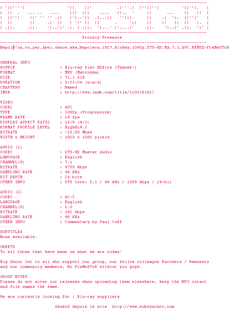 Nfo de la release Napoleon.Vu.Par.Abel.Gance.Aka.Napoleon.1927.BluRay.1080p.DTS-HD.MA.7.1.AVC.REMUX-FraMeSToR