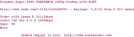 Nfo de la release Drunken.Angel.1948.SUBFRENCH.1080p.BluRay.x264-DuSS