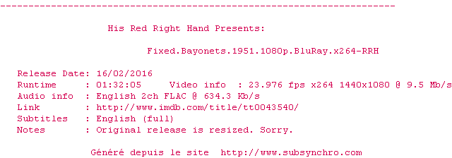 Nfo de la release Fixed.Bayonets.1951.RERiP.1080p.BluRay.x264-RRH