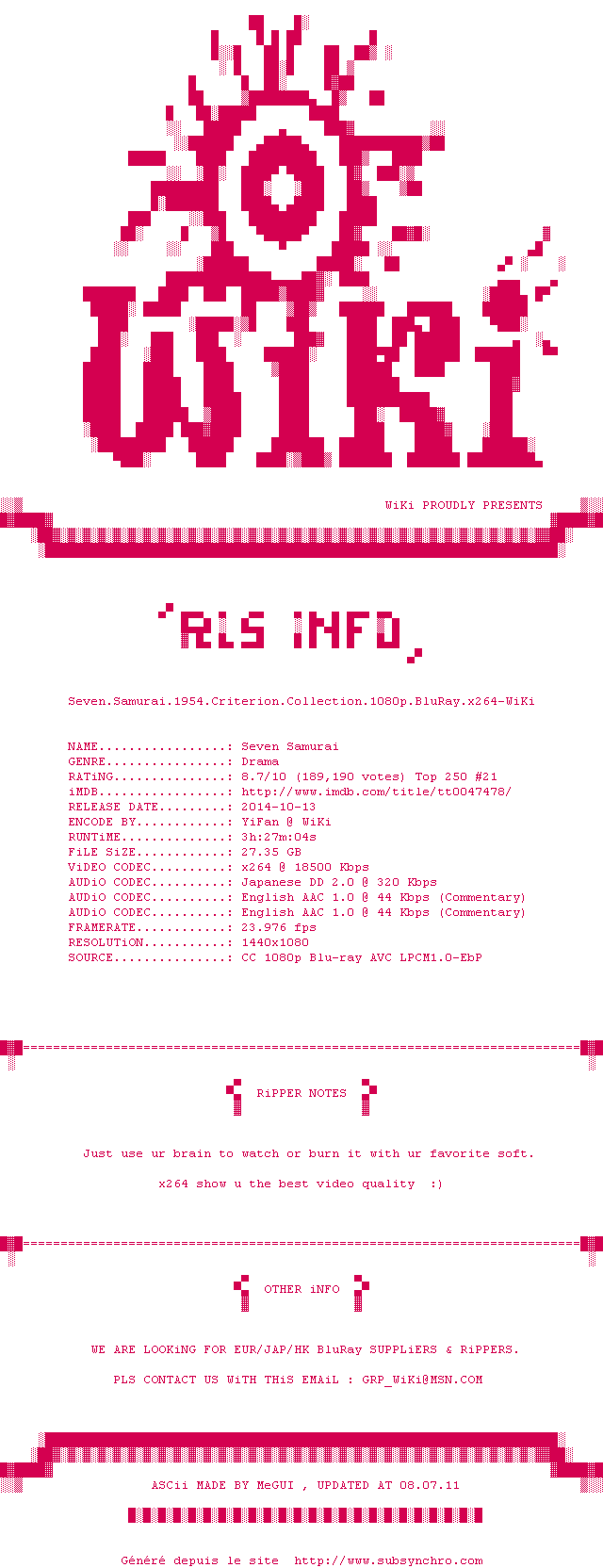 Nfo de la release Seven.Samurai.1954.Criterion.Collection.1080p.BluRay.x264-WiKi