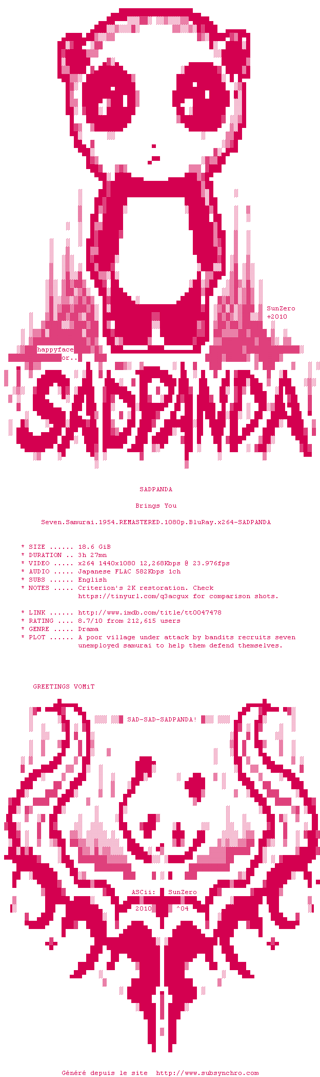 Nfo de la release Seven.Samurai.1954.REMASTERED.1080p.BluRay.x264-SADPANDA