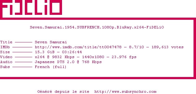 Nfo de la release Seven.Samurai.1954.SUBFRENCH.1080p.BluRay.x264-FiDELiO