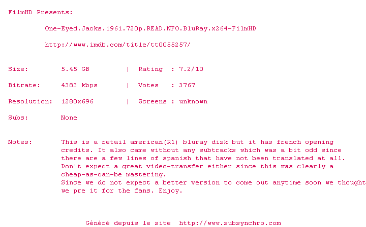 Nfo de la release One-Eyed.Jacks.1961.720p.READ.NFO.BluRay.x264-FilmHD