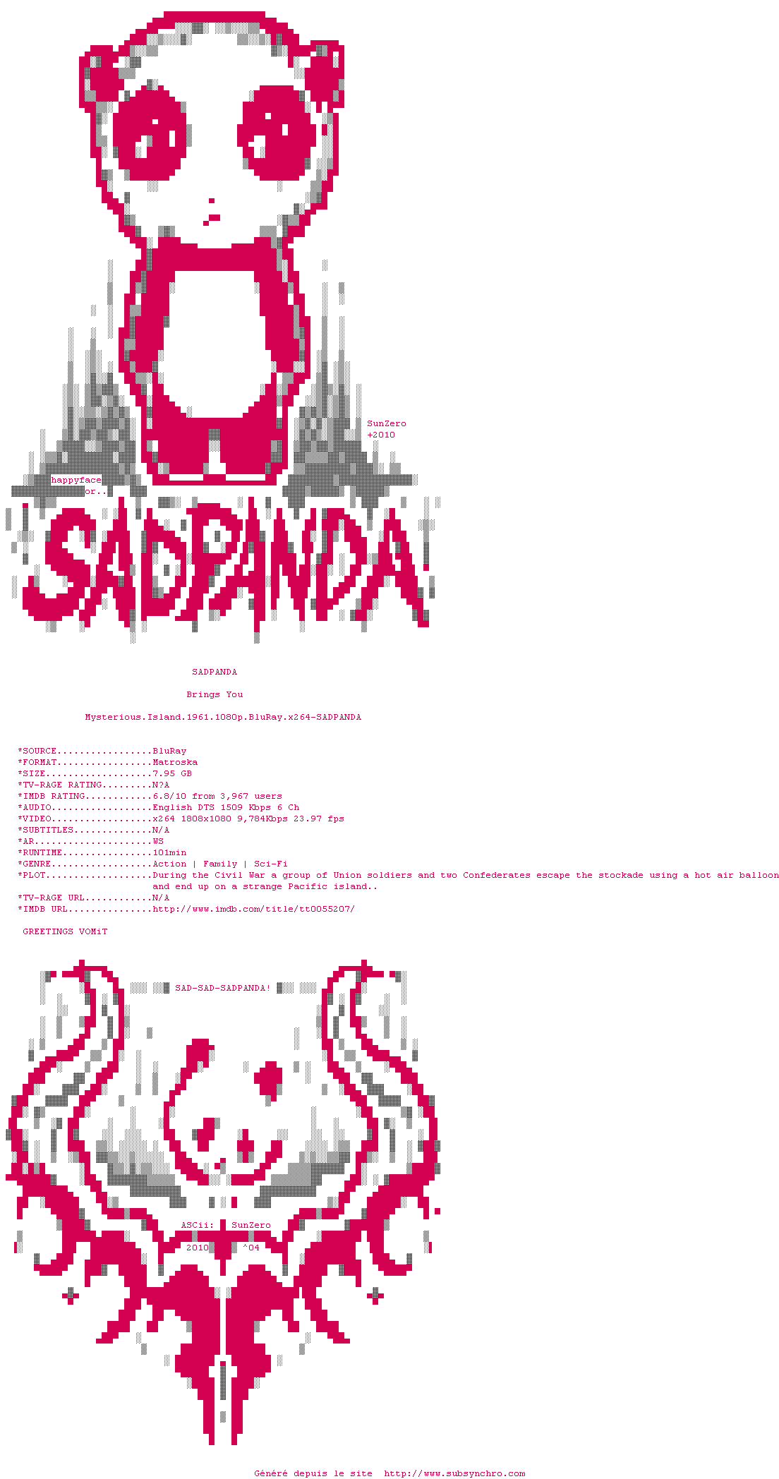 Nfo de la release Mysterious.Island.1961.1080p.BluRay.x264-SADPANDA