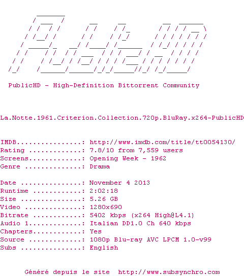 Nfo de la release La.Notte.1961.Criterion.Collection.720p.BluRay.x264-PublicHD