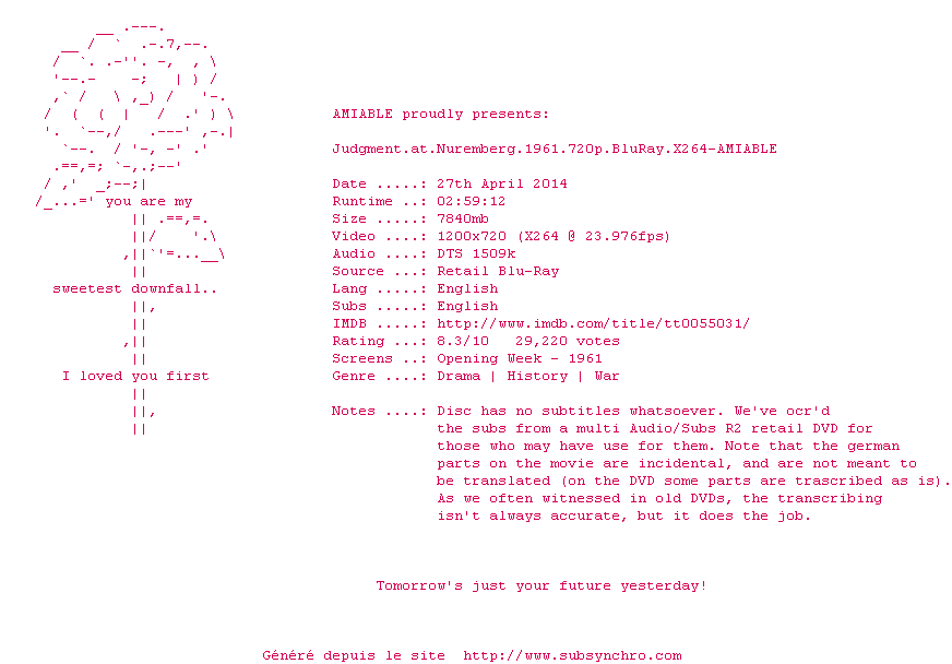 Nfo de la release Judgment.at.Nuremberg.1961.720p.BluRay.X264-AMIABLE