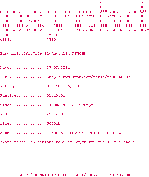 Nfo de la release Harakiri.1962.720p.BluRay.x264-PSYCHD