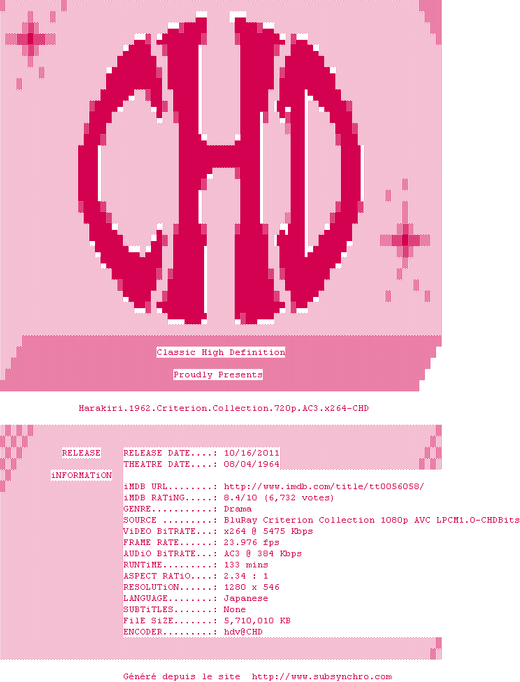 Nfo de la release Harakiri.1962.Criterion.Collection.720p.AC3.x264-CHD