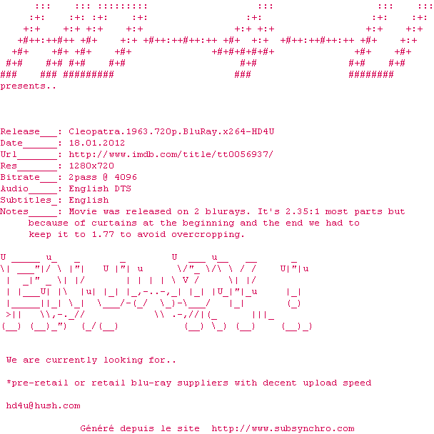 Nfo de la release Cleopatra.1963.720p.BluRay.x264-HD4U