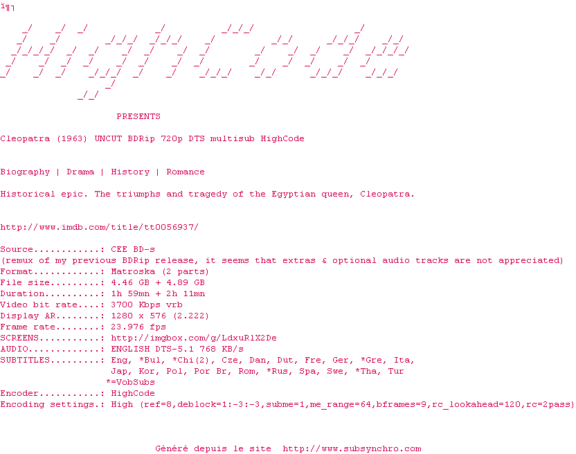 Nfo de la release Cleopatra.1963.UNCUT.BDRip.720p.DTS.multisub-HighCode