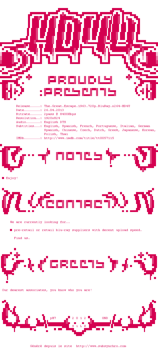 Nfo de la release The.Great.Escape.1963.1080p.BluRay.x264-HD4U