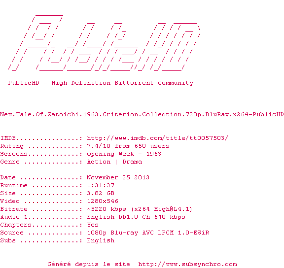 Nfo de la release New.Tale.Of.Zatoichi.1963.Criterion.Collection.720p.BluRay.x264-PublicHD