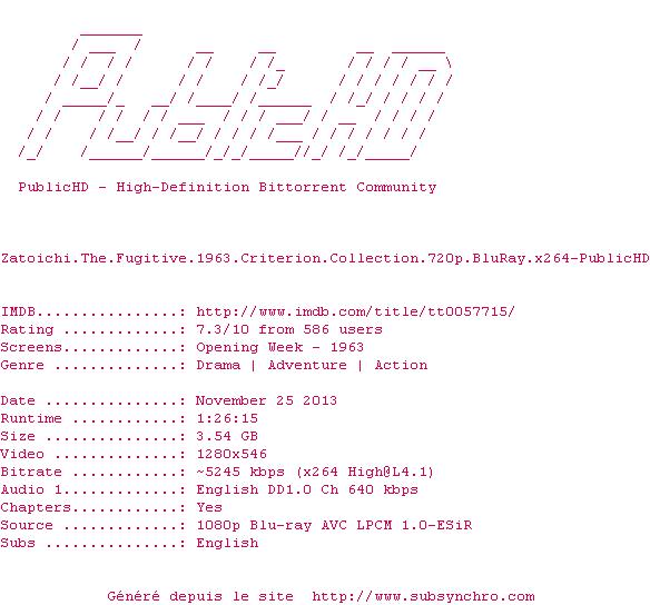 Nfo de la release Zatoichi.The.Fugitive.1963.Criterion.Collection.720p.BluRay.x264-PublicHD