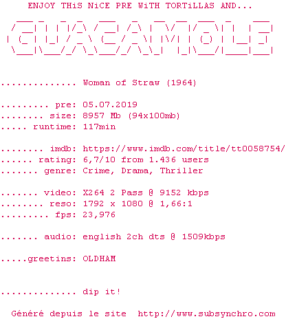 Nfo de la release Woman.Of.Straw.1964.1080p.BluRay.x264-GUACAMOLE