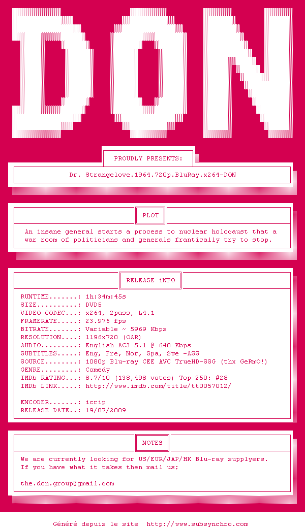 Nfo de la release Dr.Strangelove.1964.720p.BluRay.x264-DON