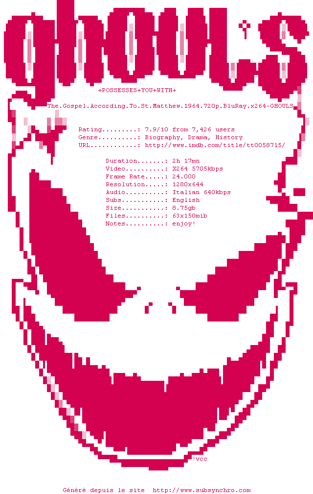 Nfo de la release The.Gospel.According.To.St.Matthew.1964.720p.BluRay.x264-GHOULS