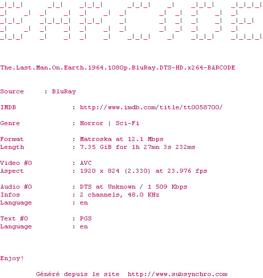 Nfo de la release The.Last.Man.On.Earth.1964.1080p.BluRay.DTS-HD.x264-BARC0DE