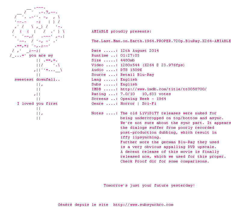 Nfo de la release The.Last.Man.on.Earth.1964.PROPER.720p.BluRay.X264-AMIABLE