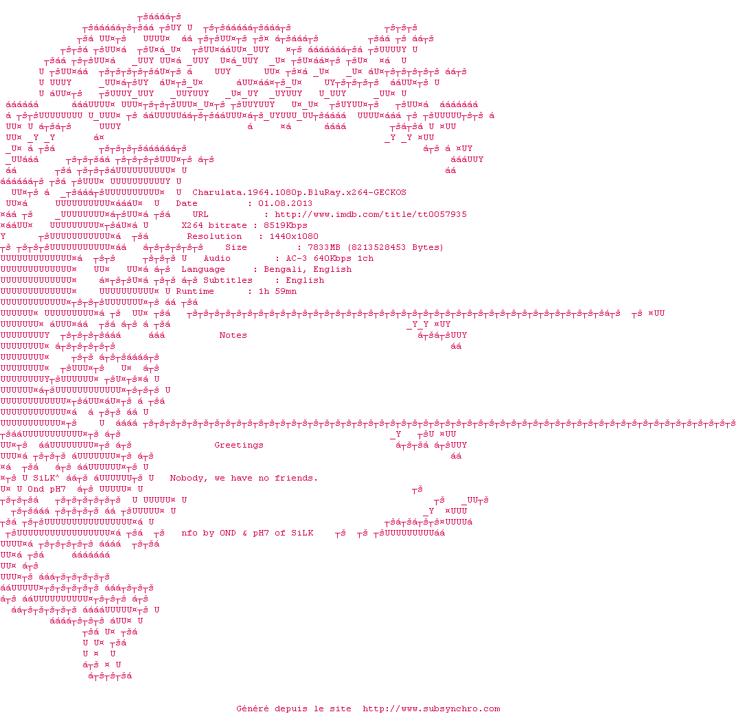 Nfo de la release Charulata.1964.1080p.BluRay.x264-GECKOS