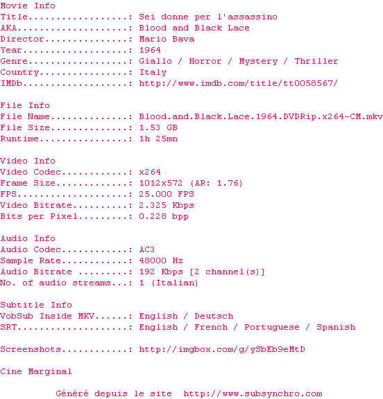Nfo de la release Blood.And.Black.Lace.1964.DVDRip.x264-CM