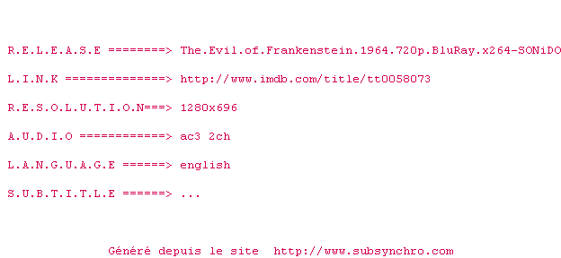 Nfo de la release The.Evil.of.Frankenstein.1964.720p.BluRay.x264-SONiDO