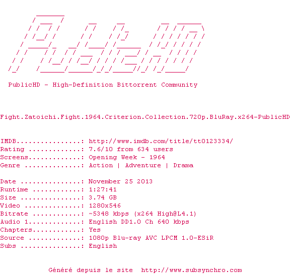 Nfo de la release Fight.Zatoichi.Fight.1964.Criterion.Collection.720p.BluRay.x264-PublicHD