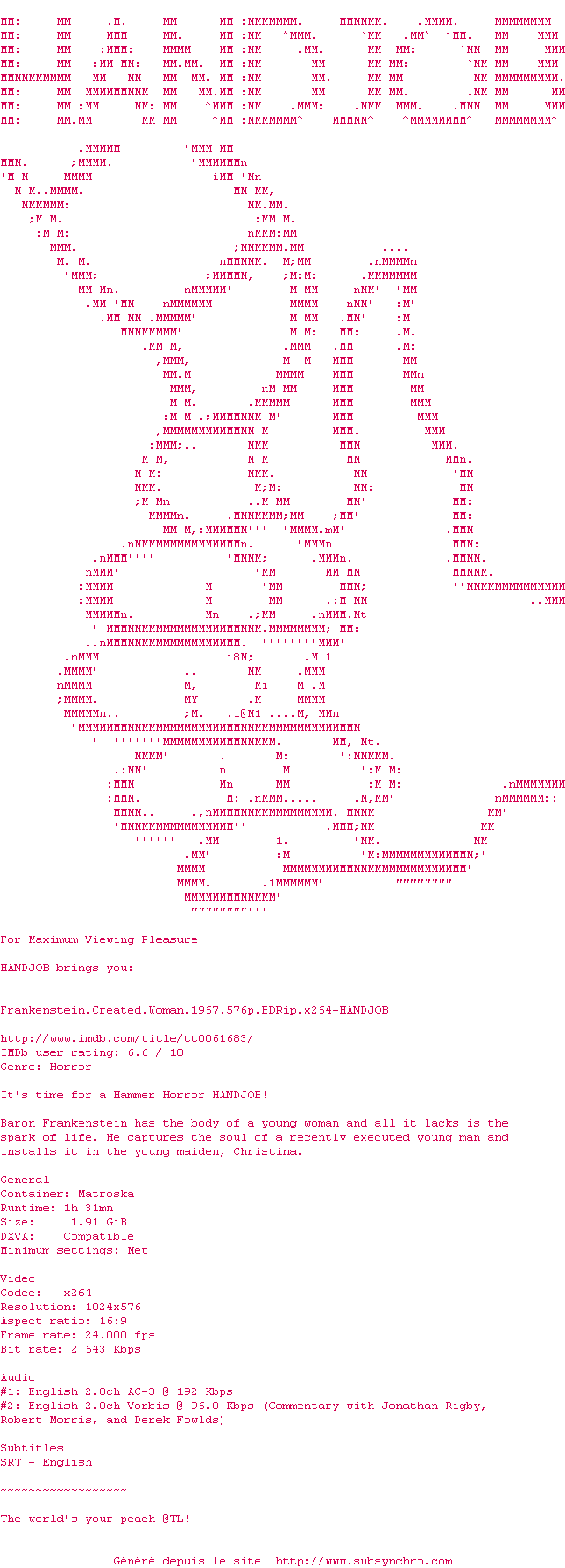 Nfo de la release Frankenstein.Created.Woman.1967.576p.BDRip.x264-HANDJOB