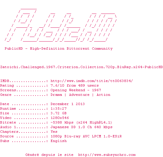 Nfo de la release Zatoichi.Challenged.1967.Criterion.Collection.720p.BluRay.x264-PublicHD