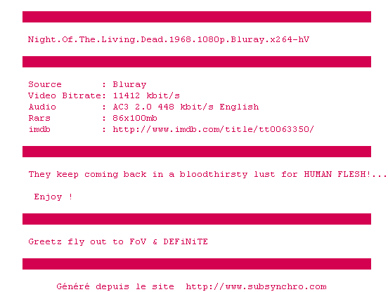 Nfo de la release Night.Of.The.Living.Dead.1968.1080p.Bluray.x264-hV