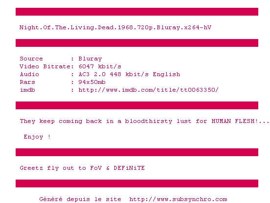 Nfo de la release Night.Of.The.Living.Dead.1968.720p.Bluray.x264-hV