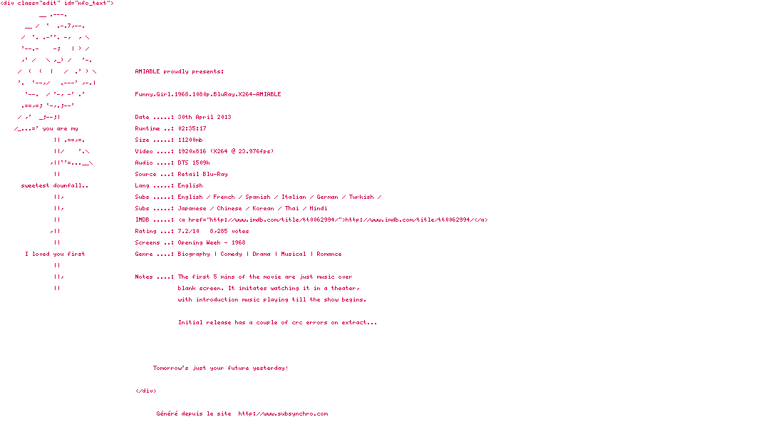 Nfo de la release Funny.Girl.1968.REPACK.1080p.BluRay.X264-AMIABLE