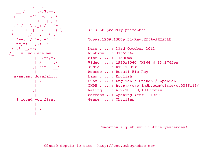 Nfo de la release Topaz.1969.1080p.BluRay.x264-AMIABLE