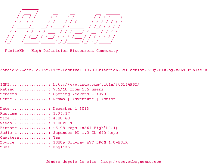 Nfo de la release Zatoichi.Goes.To.The.Fire.Festival.1970.Criterion.Collection.720p.BluRay.x264-PublicHD