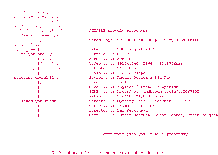 Nfo de la release Straw.Dogs.1971.UNRATED.1080p.BluRay.x264-AMIABLE