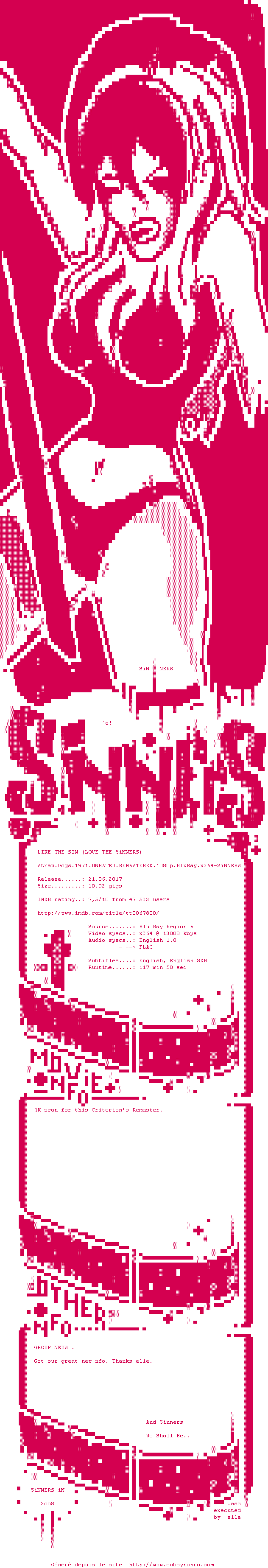 Nfo de la release Straw.Dogs.1971.UNRATED.REMASTERED.1080p.BluRay.x264-SiNNERS