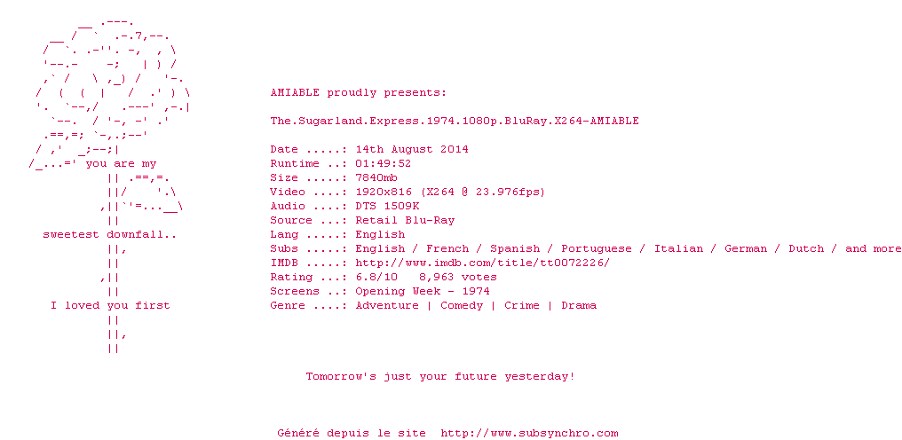 Nfo de la release The.Sugarland.Express.1974.1080p.BluRay.X264-AMIABLE