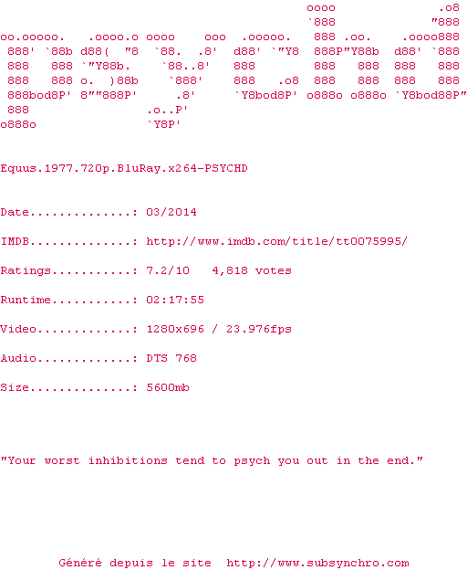 Nfo de la release Equus.1977.720p.BluRay.x264-PSYCHD