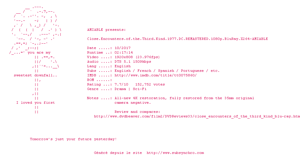 Nfo de la release Close.Encounters.Of.The.Third.Kind.1977.DC.REMASTERED.1080p.BluRay.x264-AMIABLE