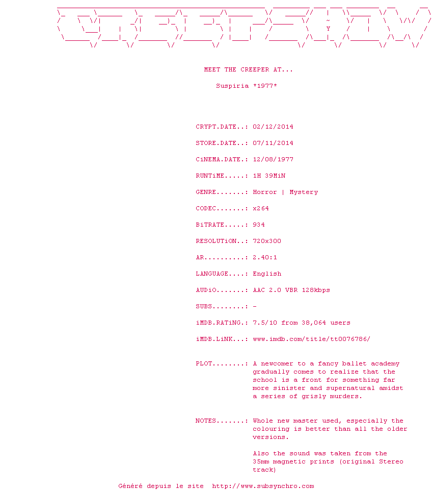 Nfo de la release Suspiria.1977.DUBBED.REMASTERED.BDRiP.x264-CREEPSHOW