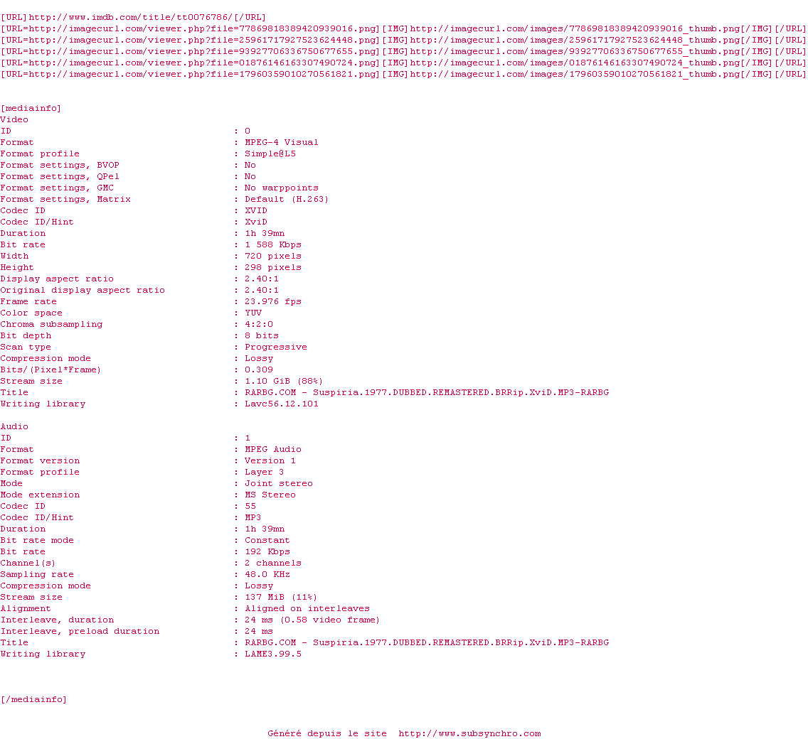 Nfo de la release Suspiria.1977.DUBBED.REMASTERED.BRRip.XviD.MP3-RARBG