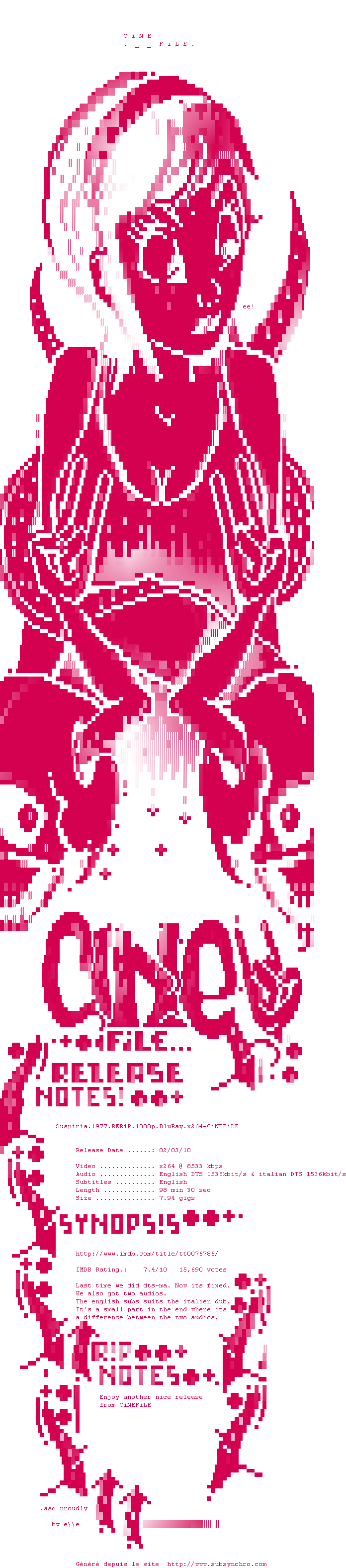 Nfo de la release Suspiria.1977.RERiP.1080p.BluRay.x264-CiNEFiLE