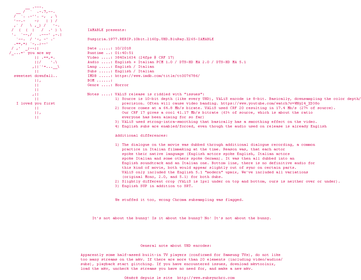 Nfo de la release Suspiria.1977.RERIP.10bit.2160p.UHD.BluRay.x265-IAMABLE