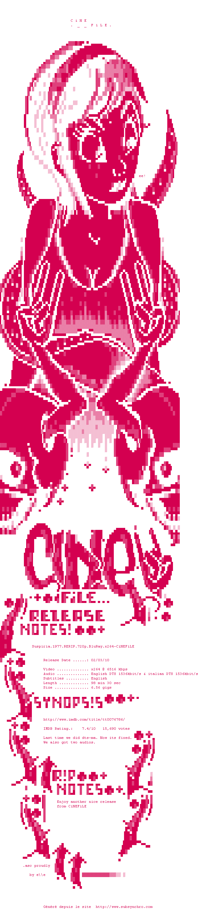 Nfo de la release Suspiria.1977.RERIP.720p.BluRay.x264-CiNEFiLE