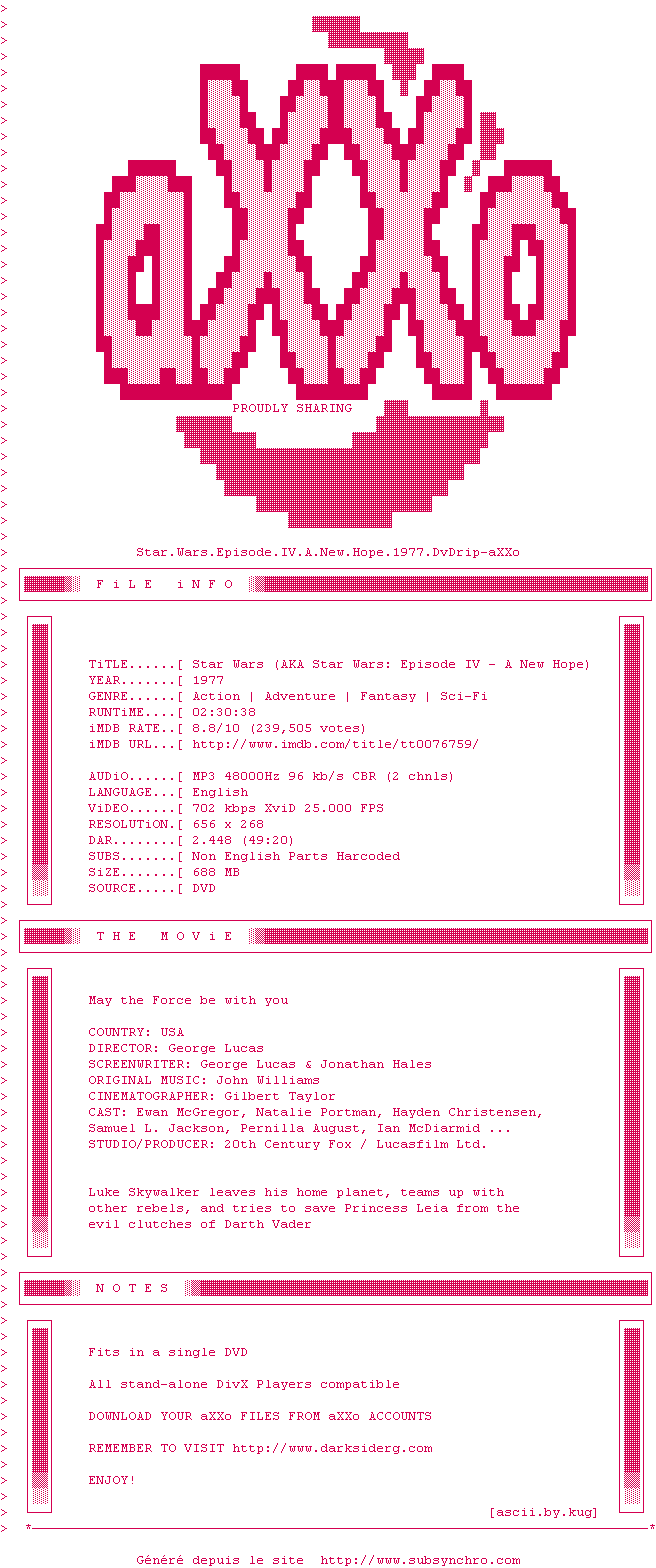 Nfo de la release Star.Wars.Episode.IV.A.New.Hope.1977.DvDrip-aXXo