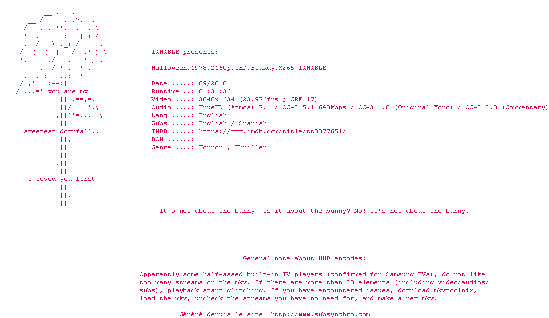 Nfo de la release Halloween.1978.2160p.UHD.BluRay.x265-IAMABLE