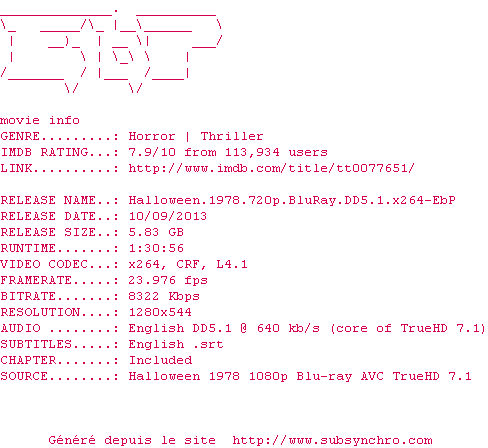 Nfo de la release Halloween.1978.720p.BluRay.DD5.1.x264-EbP