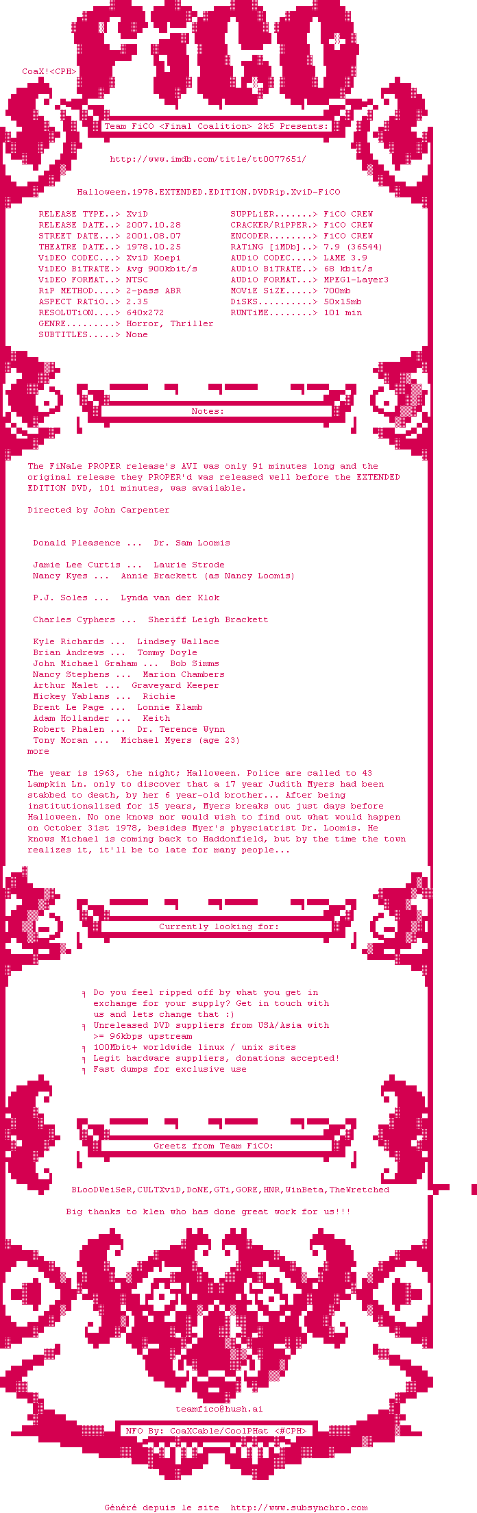Nfo de la release Halloween.1978.EXTENDED.EDITION.DVDRip.XviD-FiCO