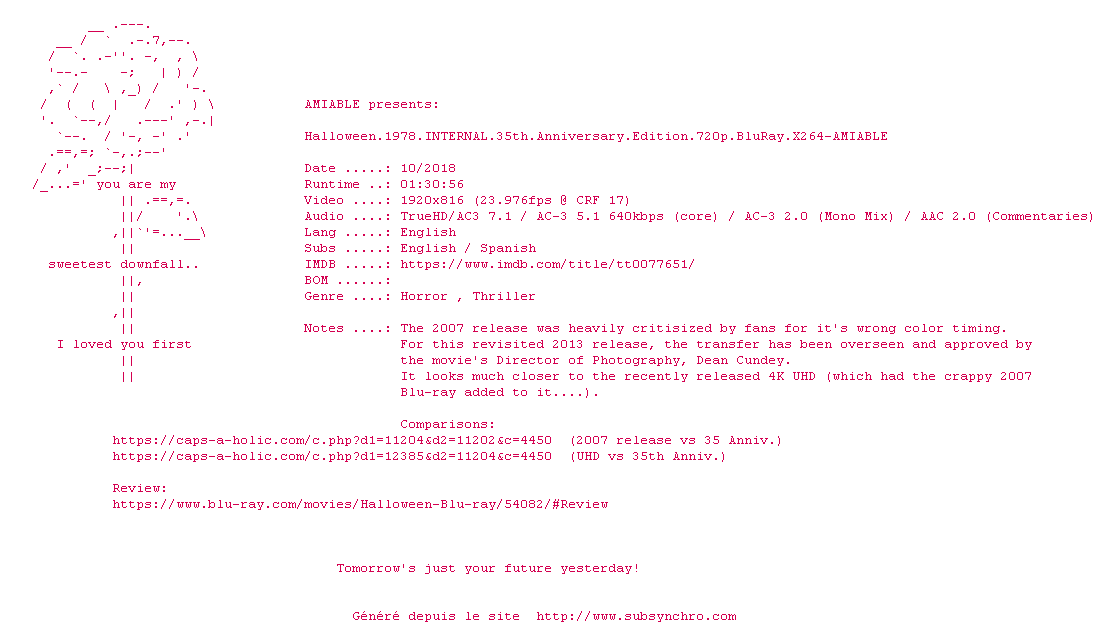 Nfo de la release Halloween.1978.iNTERNAL.35th.Anniversary.Edition.1080p.BluRay.x264-AMIABLE