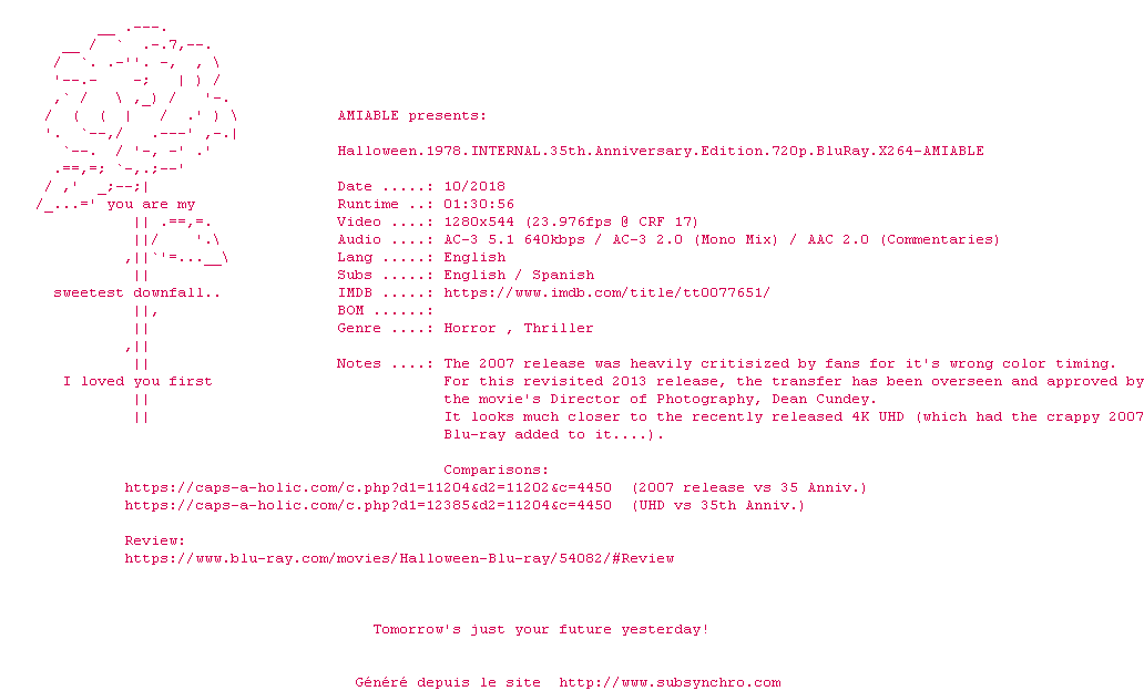 Nfo de la release Halloween.1978.iNTERNAL.35th.Anniversary.Edition.720p.BluRay.x264-AMIABLE